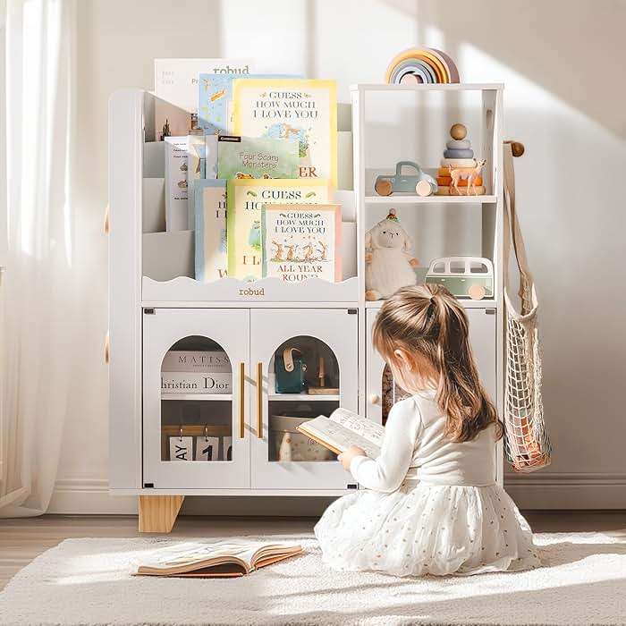 ROBUD Toy Storage Organizer, All-in-One Toy Organizers and Storage, Kids Wooden Bookshelf with 6 Storage compartments, Toy Chest Shelf Organizer for Playroom Bedroom, White - Image 3