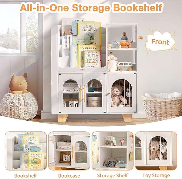ROBUD Toy Storage Organizer, All-in-One Toy Organizers and Storage, Kids Wooden Bookshelf with 6 Storage compartments, Toy Chest Shelf Organizer for Playroom Bedroom, White - Image 4