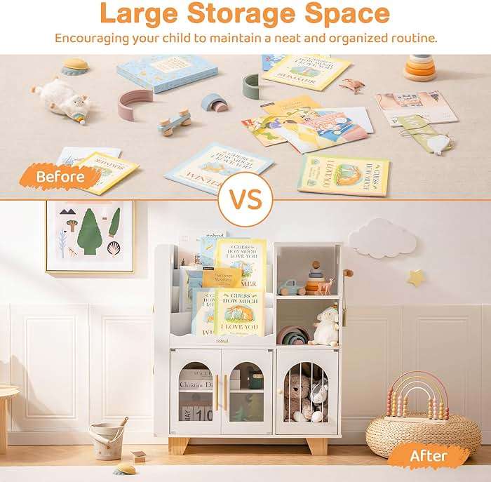 ROBUD Toy Storage Organizer, All-in-One Toy Organizers and Storage, Kids Wooden Bookshelf with 6 Storage compartments, Toy Chest Shelf Organizer for Playroom Bedroom, White - Image 5