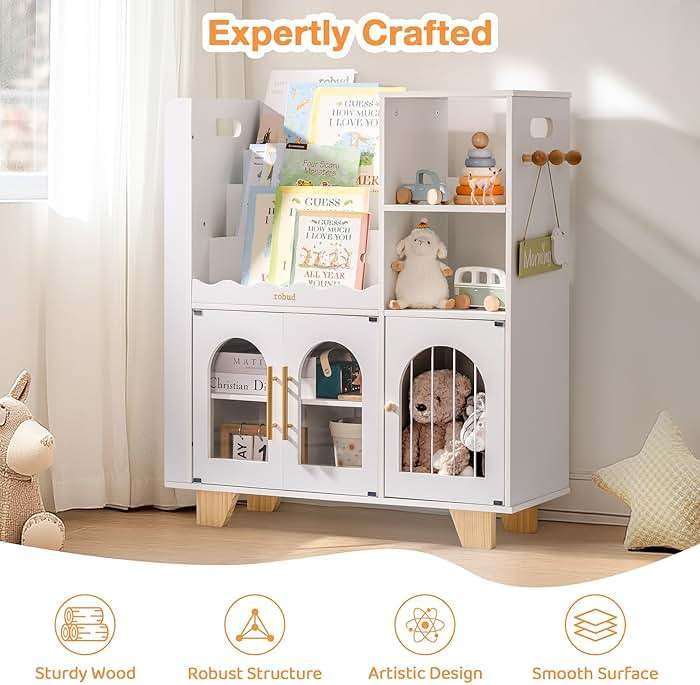 ROBUD Toy Storage Organizer, All-in-One Toy Organizers and Storage, Kids Wooden Bookshelf with 6 Storage compartments, Toy Chest Shelf Organizer for Playroom Bedroom, White - Image 6