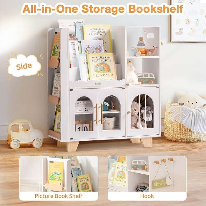 ROBUD Toy Storage Organizer, All-in-One Toy Organizers and Storage, Kids Wooden Bookshelf with 6 Storage compartments, Toy Chest Shelf Organizer for Playroom Bedroom, White - Image 7