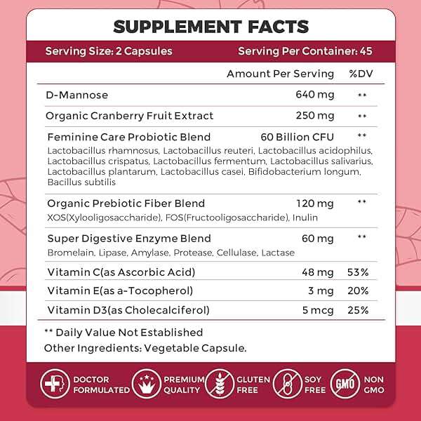 ZEBORA Urinary Tract Health for Women - Vaginal Probiotics for Women Digestive Health and pH Balance - D Mannose Supplements with Cranberry to Cleanse Urinary Tract & Bladder - 90 Capsules - Image 2