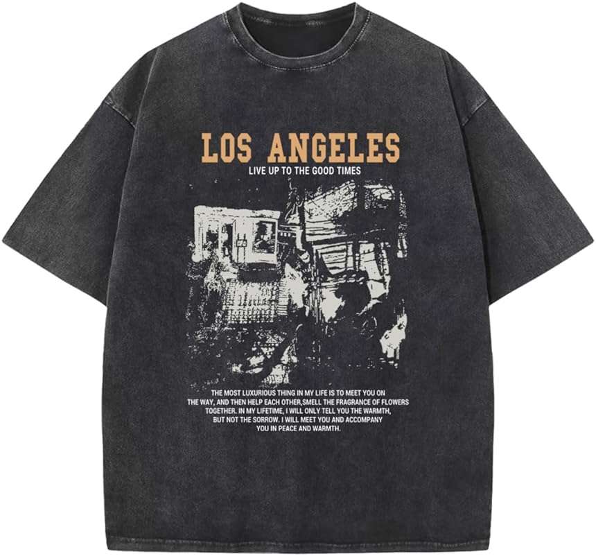 Pairxily Oversized Graphic Tshirts for Men Acid Wash Los Angeles Vintage Tees Streetwear Baggy Cotton Shirts Casual Tops - Image 1
