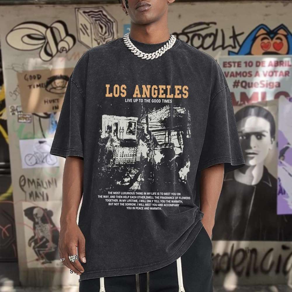 Pairxily Oversized Graphic Tshirts for Men Acid Wash Los Angeles Vintage Tees Streetwear Baggy Cotton Shirts Casual Tops - Image 2