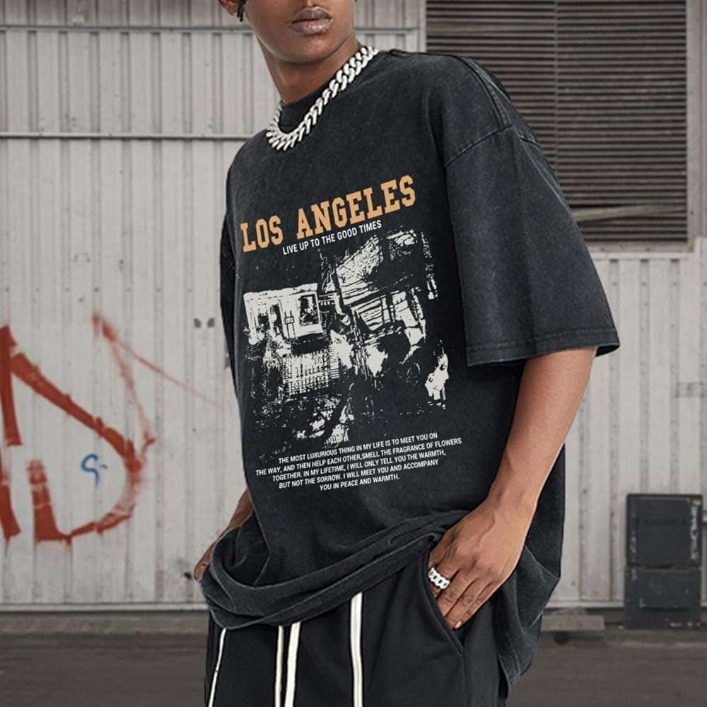 Pairxily Oversized Graphic Tshirts for Men Acid Wash Los Angeles Vintage Tees Streetwear Baggy Cotton Shirts Casual Tops - Image 4