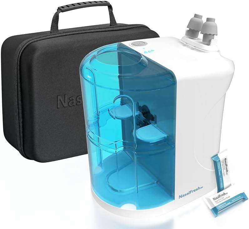 NASALFRESH MD Premium Bundle–Dual Powered Nasal Irrigation System Nasal Rinse and Wash, Sinus Decongestant Relief System, 60 Saline Packets, Case, Rechargeable, 2 Sets of Nose Pillows–Snoring Remedy - Image 1