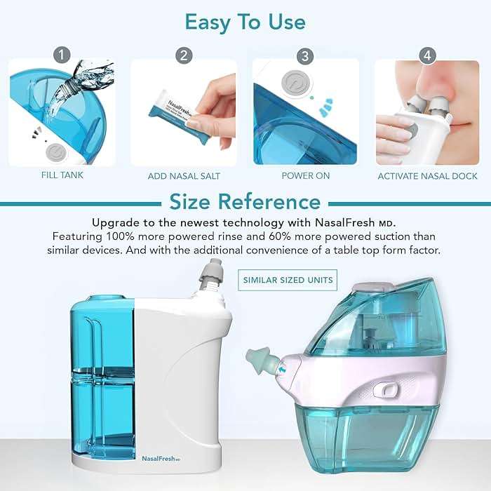 NASALFRESH MD Premium Bundle–Dual Powered Nasal Irrigation System Nasal Rinse and Wash, Sinus Decongestant Relief System, 60 Saline Packets, Case, Rechargeable, 2 Sets of Nose Pillows–Snoring Remedy - Image 4