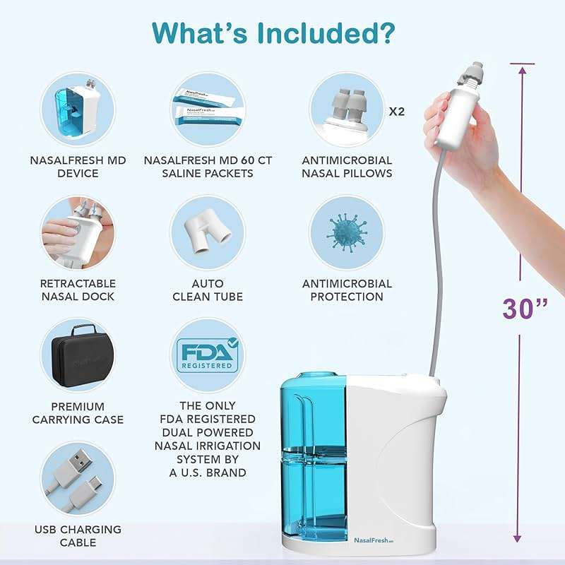 NASALFRESH MD Premium Bundle–Dual Powered Nasal Irrigation System Nasal Rinse and Wash, Sinus Decongestant Relief System, 60 Saline Packets, Case, Rechargeable, 2 Sets of Nose Pillows–Snoring Remedy - Image 6
