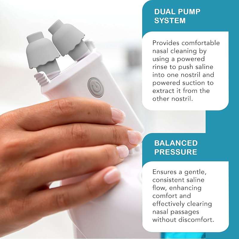NASALFRESH MD Premium Bundle–Dual Powered Nasal Irrigation System Nasal Rinse and Wash, Sinus Decongestant Relief System, 60 Saline Packets, Case, Rechargeable, 2 Sets of Nose Pillows–Snoring Remedy - Image 8