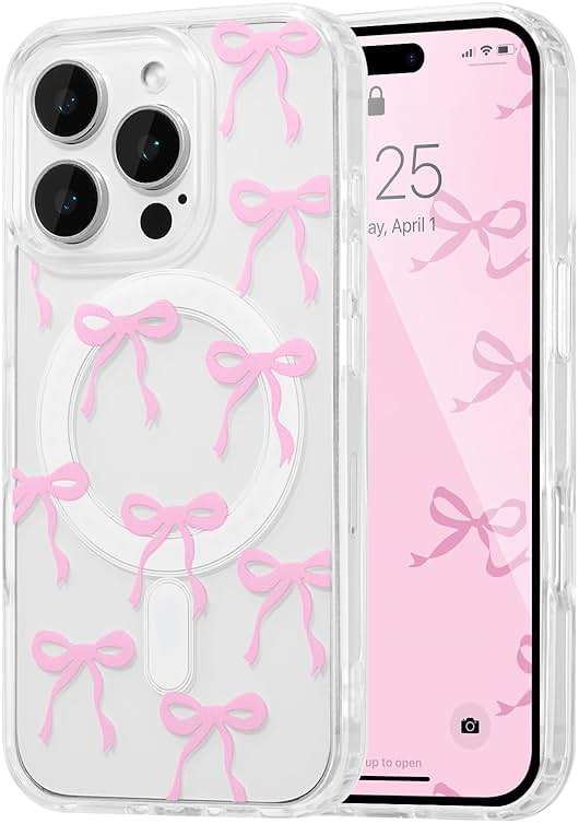 UEEBAI Magnetic for iPhone 16 Pro Max Case, Bow Case Compatible with MagSafe, Wireless Slim Clear Ribbon Aesthetic Phone Cover Anti-Yellowing Shockproof Protective Cover for Women Girl - Pink - Image 1