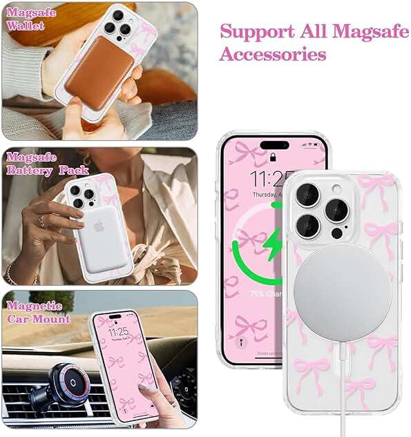 UEEBAI Magnetic for iPhone 16 Pro Max Case, Bow Case Compatible with MagSafe, Wireless Slim Clear Ribbon Aesthetic Phone Cover Anti-Yellowing Shockproof Protective Cover for Women Girl - Pink - Image 2