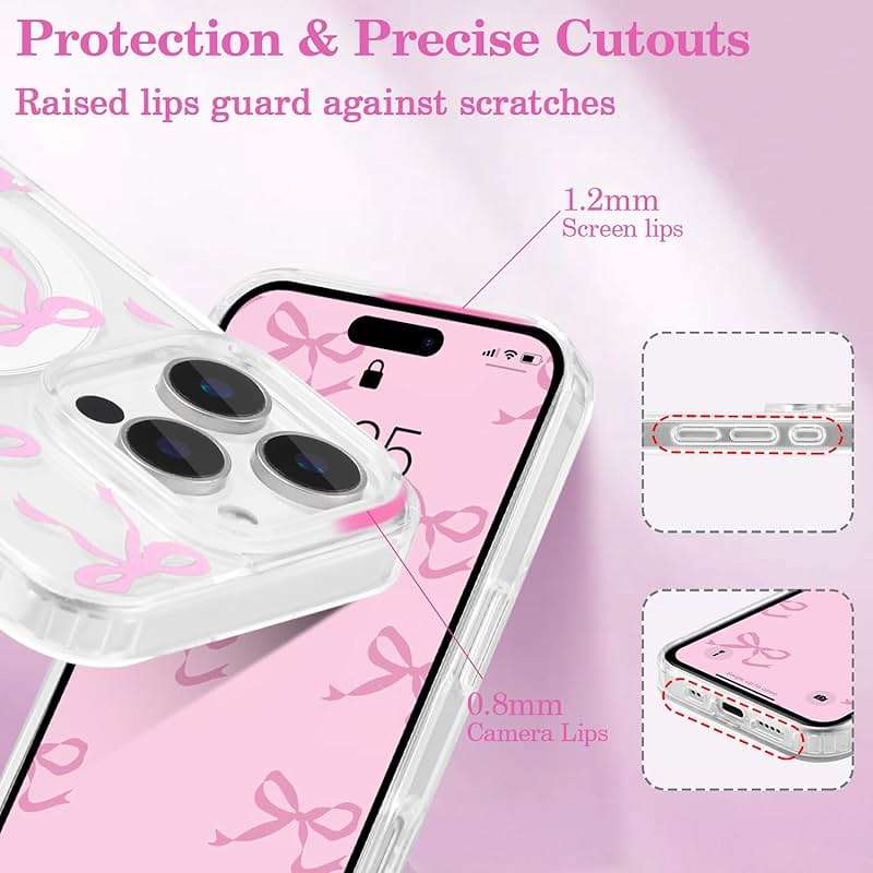 UEEBAI Magnetic for iPhone 16 Pro Max Case, Bow Case Compatible with MagSafe, Wireless Slim Clear Ribbon Aesthetic Phone Cover Anti-Yellowing Shockproof Protective Cover for Women Girl - Pink - Image 3