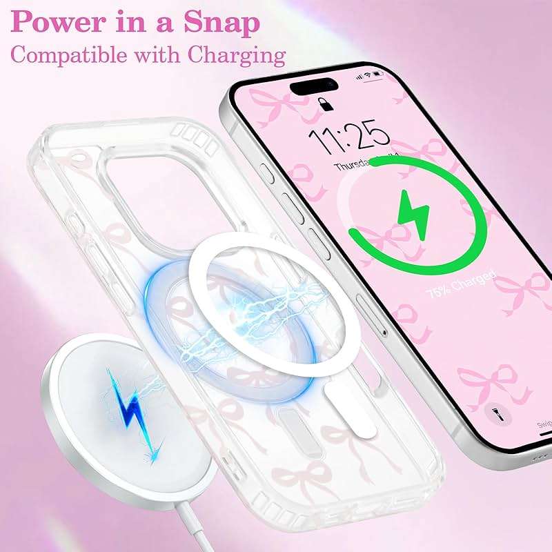 UEEBAI Magnetic for iPhone 16 Pro Max Case, Bow Case Compatible with MagSafe, Wireless Slim Clear Ribbon Aesthetic Phone Cover Anti-Yellowing Shockproof Protective Cover for Women Girl - Pink - Image 4