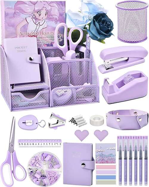 Purple Desk Accessories, 26Pcs Office Supplies and Desk Organizers, with Tape Dispenser, Stapler, Staple Remover Ect, Gift Box Packaging - Image 1
