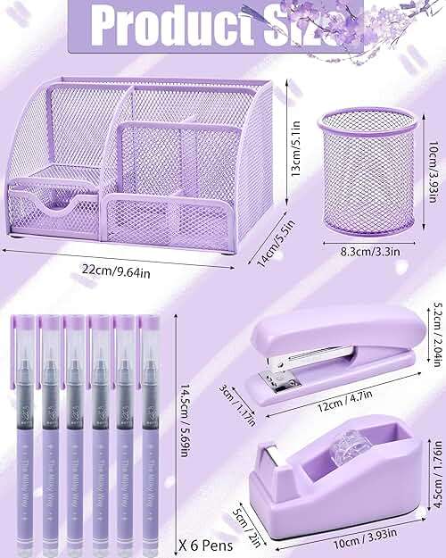 Purple Desk Accessories, 26Pcs Office Supplies and Desk Organizers, with Tape Dispenser, Stapler, Staple Remover Ect, Gift Box Packaging - Image 2