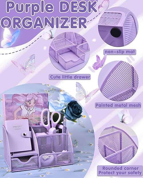 Purple Desk Accessories, 26Pcs Office Supplies and Desk Organizers, with Tape Dispenser, Stapler, Staple Remover Ect, Gift Box Packaging - Image 3