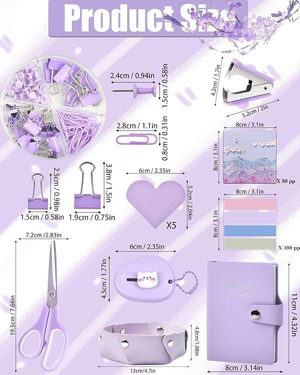 Purple Desk Accessories, 26Pcs Office Supplies and Desk Organizers, with Tape Dispenser, Stapler, Staple Remover Ect, Gift Box Packaging - Image 4