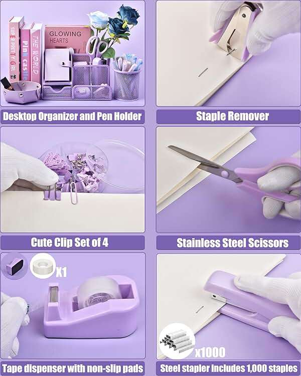 Purple Desk Accessories, 26Pcs Office Supplies and Desk Organizers, with Tape Dispenser, Stapler, Staple Remover Ect, Gift Box Packaging - Image 5