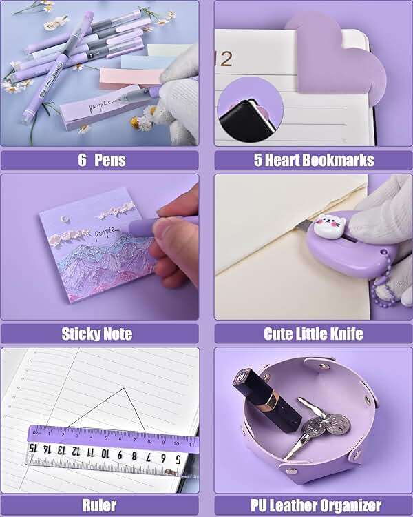 Purple Desk Accessories, 26Pcs Office Supplies and Desk Organizers, with Tape Dispenser, Stapler, Staple Remover Ect, Gift Box Packaging - Image 6