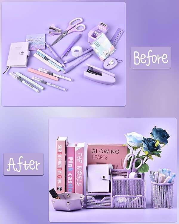 Purple Desk Accessories, 26Pcs Office Supplies and Desk Organizers, with Tape Dispenser, Stapler, Staple Remover Ect, Gift Box Packaging - Image 7
