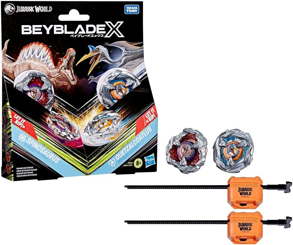 Beyblade X Jurassic World Collab Spinosaurus vs. Quetzalcoatlus Multipack Set, 2 Takara Tomy Tops, 2 launchers, Battling Tops Game, Dinosaur Toys, Ages 8+ - Image 1