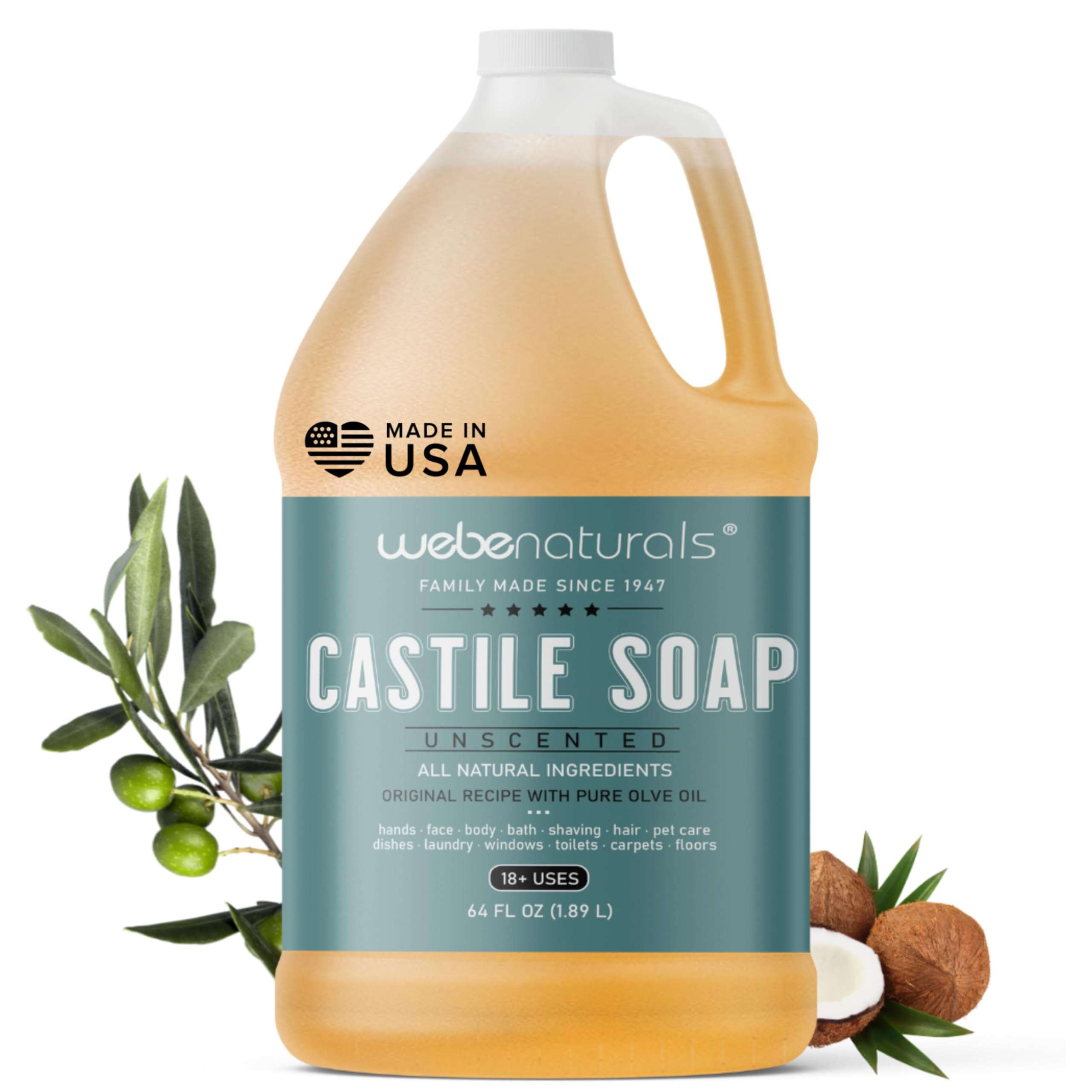 WEBE Pure Unscented Castile Liquid Soap Refill, 64 Ounce | Vegan & Gluten Free Non-GMO, For Face, Body Wash, Dishes, Pets & Laundry - Image 1