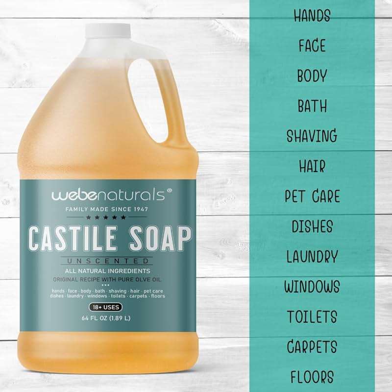 WEBE Pure Unscented Castile Liquid Soap Refill, 64 Ounce | Vegan & Gluten Free Non-GMO, For Face, Body Wash, Dishes, Pets & Laundry - Image 4