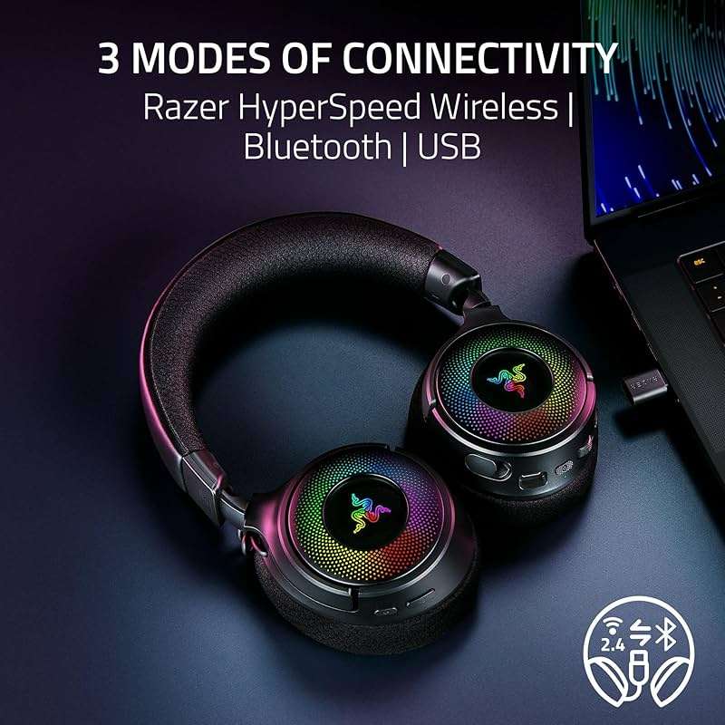 Razer Kraken V4 Wireless Gaming Headset: 2.4GHz, Bluetooth, USB - Super Wideband Mic - 40 mm Drivers - 9 Zone RGB Lighting - for PC, Mac, PS5, Nintendo Switch, Steam Deck, Smartphone - Black (Renewed) - Image 3