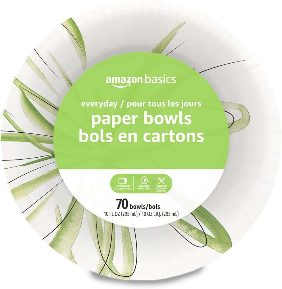 Amazon Basics Everyday Paper Bowls, 10 Oz, Disposable, 70 Count, White, Packaging May Vary - Image 1