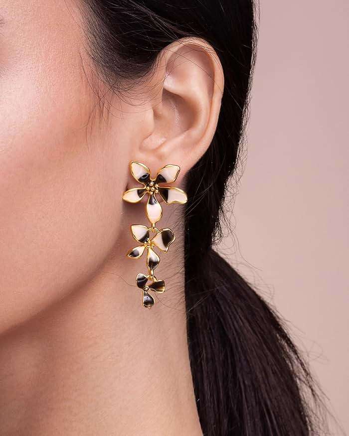 18K gold plated Medium Dainty Chunky Enamel Flower Statement Earrings for Women by SNGIA, (Maroon, Black/Cream) Modern Summer Beach Floral Handmade Drop Jewelry, Cherry Maximalist Wedding Date Birthday Gift, Bold Exaggerated Wine Dangle Trendy Jewelry, 18K gold plateden Chandelier Colorful Fashion Accessories, Vintage Hammered Thick Nickle Free Gifts. - Image 4