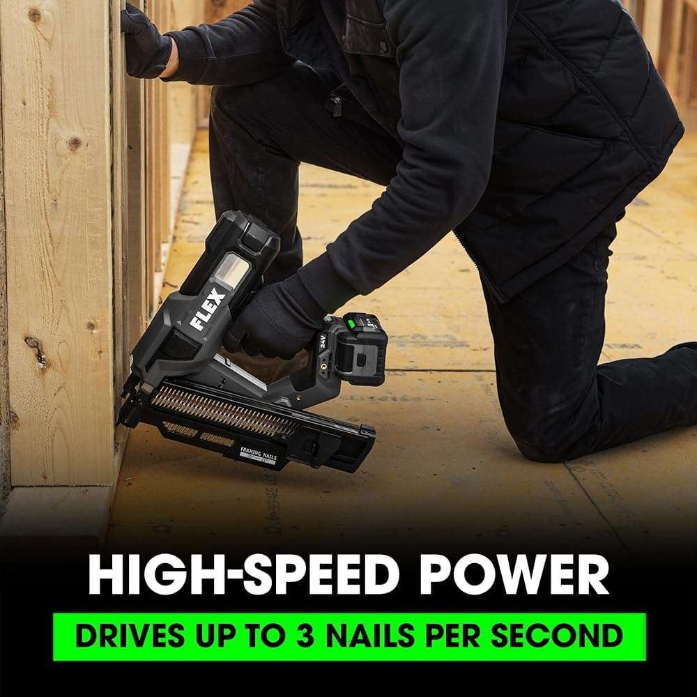 FLEX 24V Brushless 21° Framing Nailer Kit, Zero Ramp-up Time, 3 Nails/Sec, Ideal for Framing, Sheathing and Decking, w/ 5.0Ah Lithium Battery & 160W Fast Charger - FX4351A-1C - Image 4