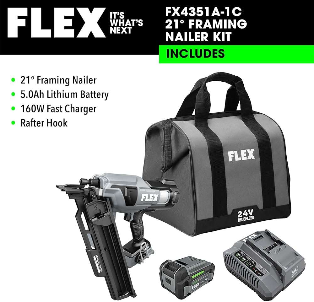FLEX 24V Brushless 21° Framing Nailer Kit, Zero Ramp-up Time, 3 Nails/Sec, Ideal for Framing, Sheathing and Decking, w/ 5.0Ah Lithium Battery & 160W Fast Charger - FX4351A-1C - Image 8