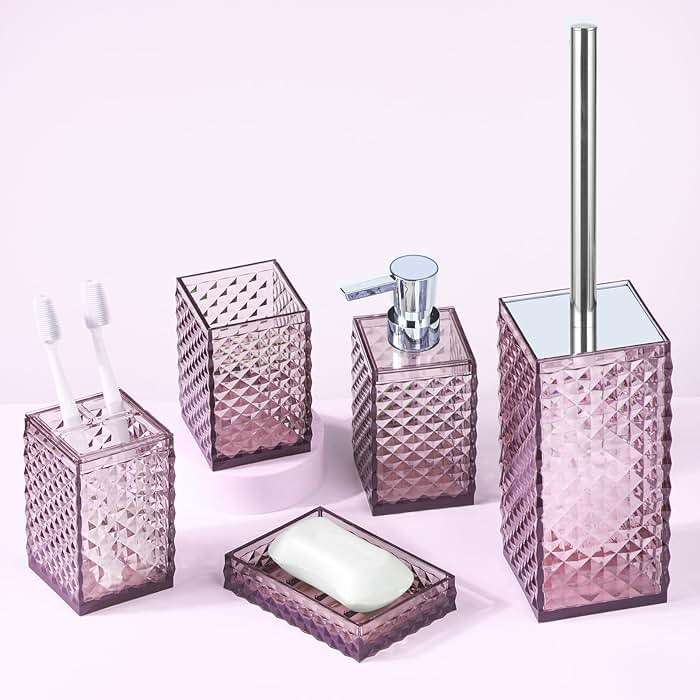 Yueranhu 6 Piece Mauve Bathroom Accessories Set - High-Clarity Shatterproof Acrylic - Includes Soap Dispenser, Toothbrush Holder, Tumbler Cup, Soap Dish, & Toilet Brush with Holder - Modern Bath Decor - Image 1