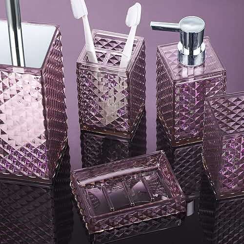 Yueranhu 6 Piece Mauve Bathroom Accessories Set - High-Clarity Shatterproof Acrylic - Includes Soap Dispenser, Toothbrush Holder, Tumbler Cup, Soap Dish, & Toilet Brush with Holder - Modern Bath Decor - Image 2