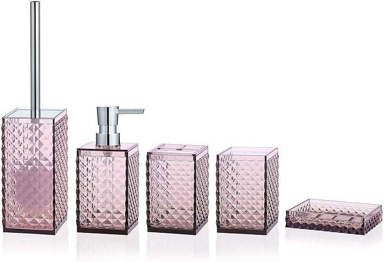Yueranhu 6 Piece Mauve Bathroom Accessories Set - High-Clarity Shatterproof Acrylic - Includes Soap Dispenser, Toothbrush Holder, Tumbler Cup, Soap Dish, & Toilet Brush with Holder - Modern Bath Decor - Image 3