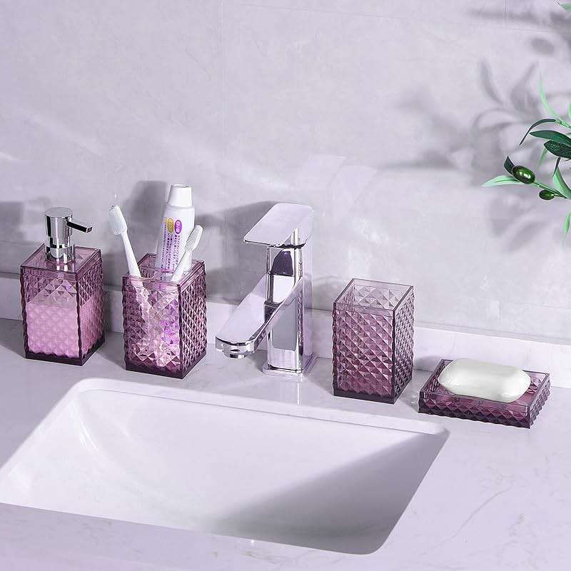 Yueranhu 6 Piece Mauve Bathroom Accessories Set - High-Clarity Shatterproof Acrylic - Includes Soap Dispenser, Toothbrush Holder, Tumbler Cup, Soap Dish, & Toilet Brush with Holder - Modern Bath Decor - Image 6