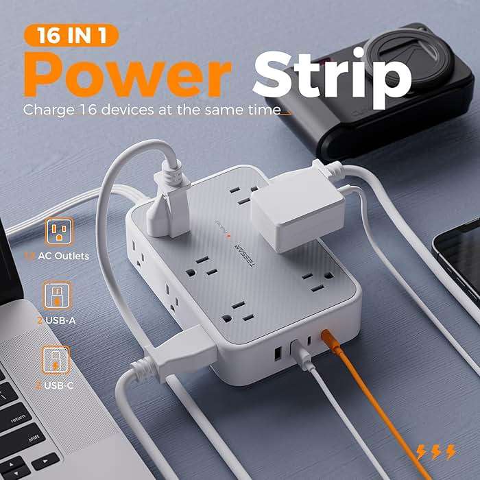 TESSAN Surge Protector Power Strip, 10FT Flat Extension Cord with Multiple Outlets, 12 Outlet Extender with 4 USB (2 USB-C), Flat Plug Power Strip, 1800J Surge Protection, Office, Dorm Essentials - Image 3