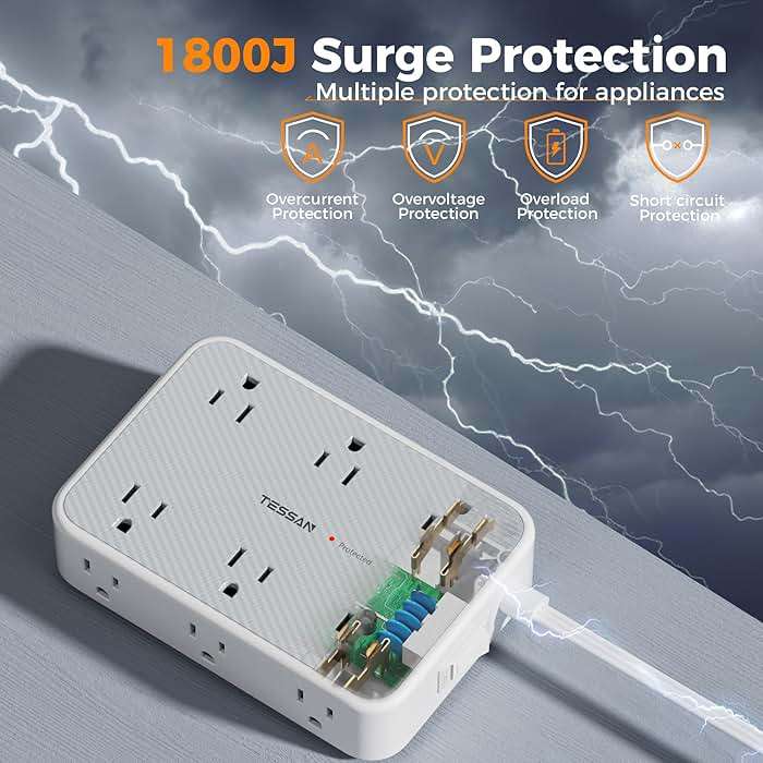 TESSAN Surge Protector Power Strip, 10FT Flat Extension Cord with Multiple Outlets, 12 Outlet Extender with 4 USB (2 USB-C), Flat Plug Power Strip, 1800J Surge Protection, Office, Dorm Essentials - Image 5