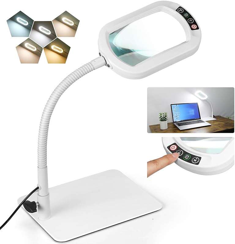 Veemagni 12X Rectangle Magnifying Glass with Light and Stand, Flexible Gooseneck LED Lighted Desk Lamp, 5 Color Modes Stepless Dimmable, Hands Free Magnifier for Reading Painting Close Work - White - Image 1