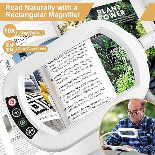 Veemagni 12X Rectangle Magnifying Glass with Light and Stand, Flexible Gooseneck LED Lighted Desk Lamp, 5 Color Modes Stepless Dimmable, Hands Free Magnifier for Reading Painting Close Work - White - Image 2