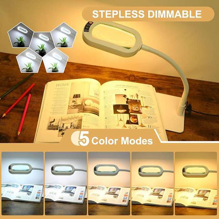 Veemagni 12X Rectangle Magnifying Glass with Light and Stand, Flexible Gooseneck LED Lighted Desk Lamp, 5 Color Modes Stepless Dimmable, Hands Free Magnifier for Reading Painting Close Work - White - Image 3