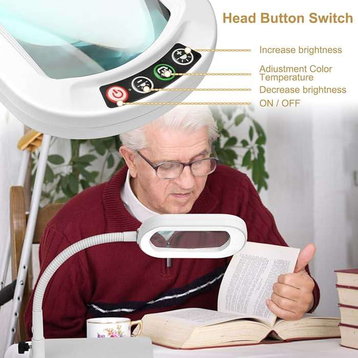 Veemagni 12X Rectangle Magnifying Glass with Light and Stand, Flexible Gooseneck LED Lighted Desk Lamp, 5 Color Modes Stepless Dimmable, Hands Free Magnifier for Reading Painting Close Work - White - Image 4