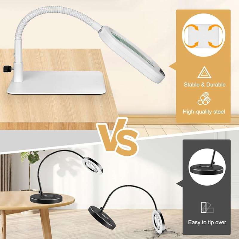Veemagni 12X Rectangle Magnifying Glass with Light and Stand, Flexible Gooseneck LED Lighted Desk Lamp, 5 Color Modes Stepless Dimmable, Hands Free Magnifier for Reading Painting Close Work - White - Image 5