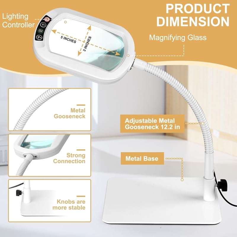 Veemagni 12X Rectangle Magnifying Glass with Light and Stand, Flexible Gooseneck LED Lighted Desk Lamp, 5 Color Modes Stepless Dimmable, Hands Free Magnifier for Reading Painting Close Work - White - Image 6