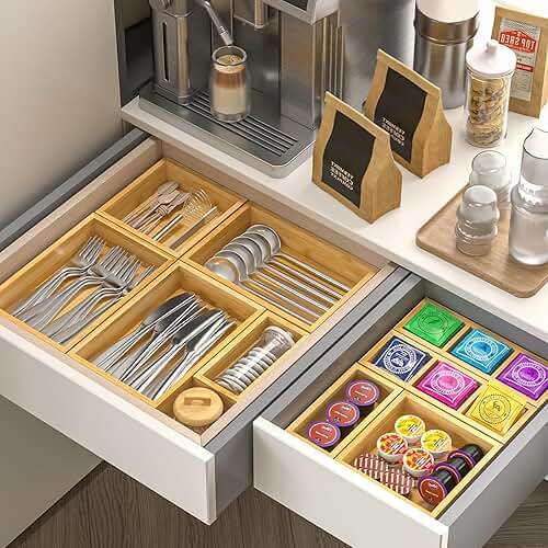 Bamboo Drawer Organizer, Set of 9 Wood Kitchen Junk Tea Desk Office Tray, Wooden Storage Boxes Organizers for Bathroom, Office (2" H 9 Boxes) - Image 2