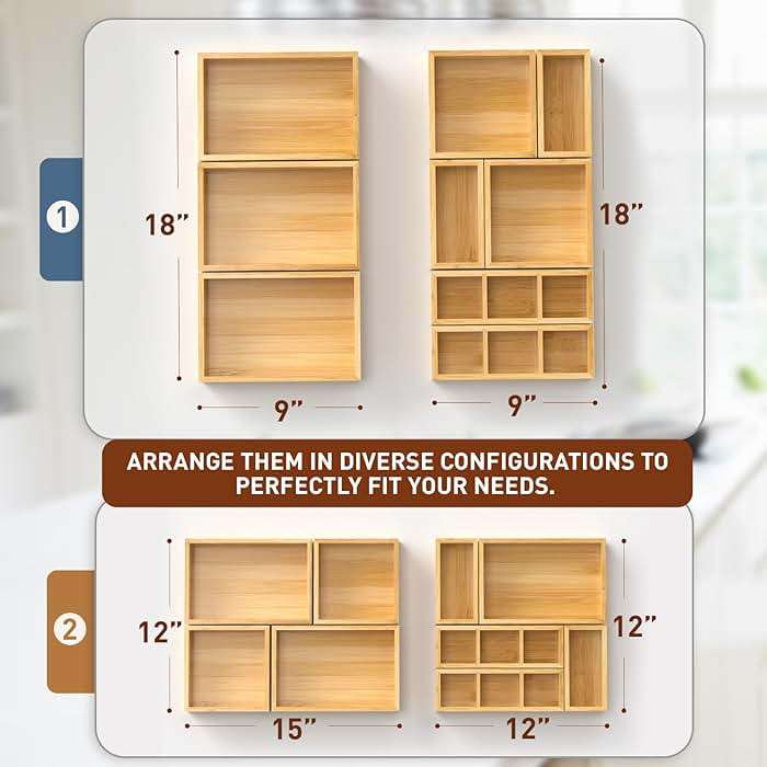 Bamboo Drawer Organizer, Set of 9 Wood Kitchen Junk Tea Desk Office Tray, Wooden Storage Boxes Organizers for Bathroom, Office (2" H 9 Boxes) - Image 3