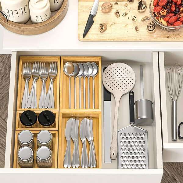Bamboo Drawer Organizer, Set of 9 Wood Kitchen Junk Tea Desk Office Tray, Wooden Storage Boxes Organizers for Bathroom, Office (2" H 9 Boxes) - Image 4