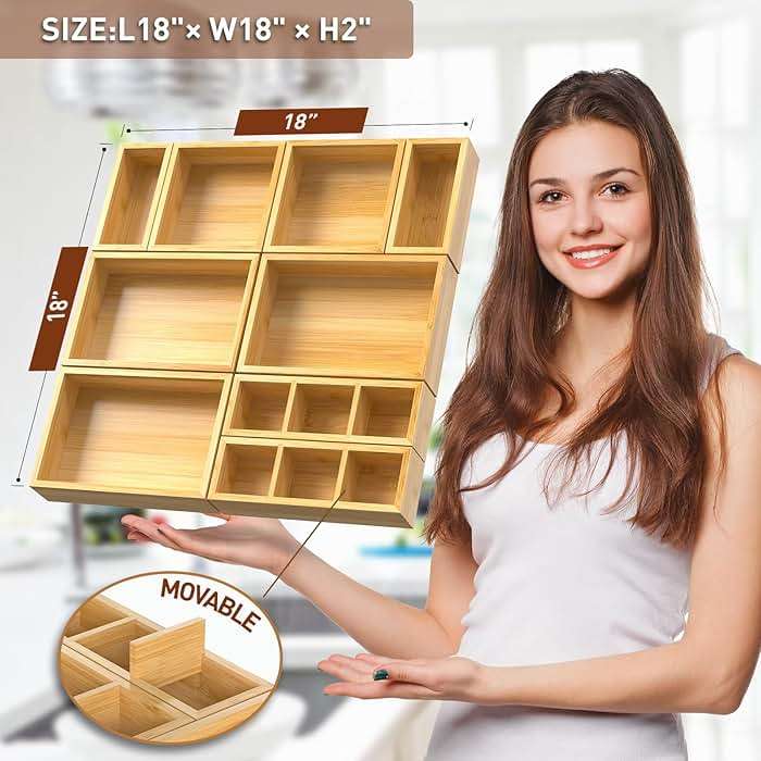 Bamboo Drawer Organizer, Set of 9 Wood Kitchen Junk Tea Desk Office Tray, Wooden Storage Boxes Organizers for Bathroom, Office (2" H 9 Boxes) - Image 5