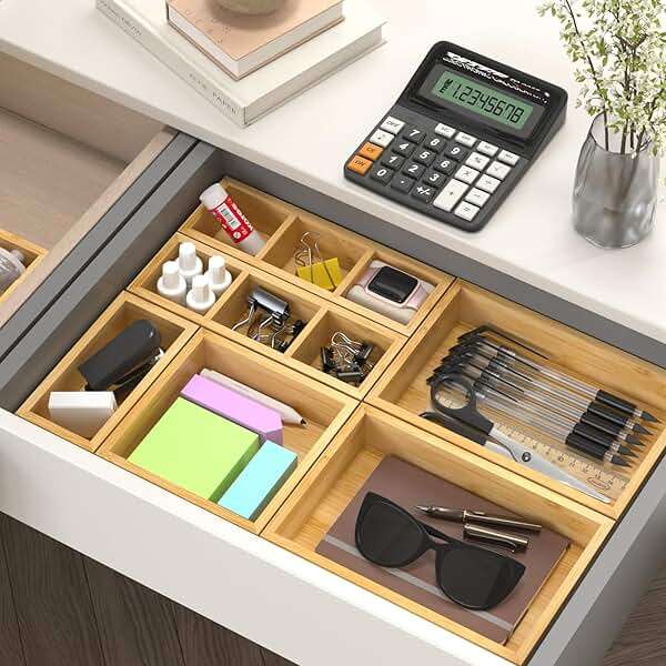 Bamboo Drawer Organizer, Set of 9 Wood Kitchen Junk Tea Desk Office Tray, Wooden Storage Boxes Organizers for Bathroom, Office (2" H 9 Boxes) - Image 7