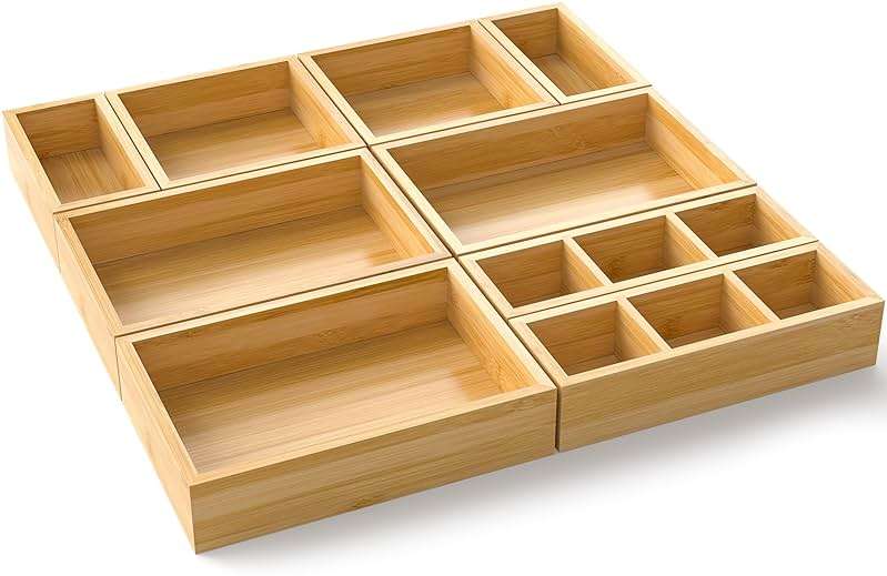 Bamboo Drawer Organizer, Set of 9 Wood Kitchen Junk Tea Desk Office Tray, Wooden Storage Boxes Organizers for Bathroom, Office (2" H 9 Boxes) - Image 8